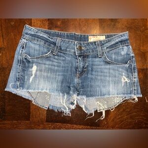 Y2K Siwy Low Rise Distressed Denim Cutoff Micro Mini Shorts Embroidered Pockets